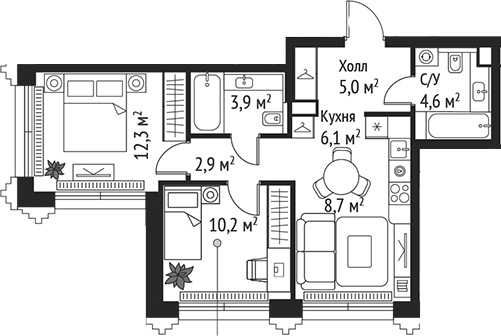 3-комн., 53.7 м², 46/59 этаж, ЖК «СЕТ»