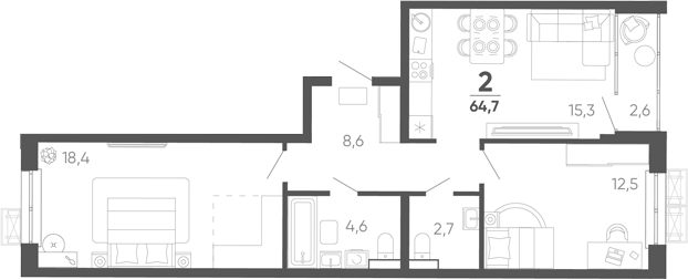 2-комн. квартира, 62.1 м² в ЖК Барса — фото 2