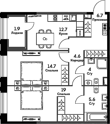 2-комн., 67.3 м², 12/33 этаж, ЖК «ЭРА»