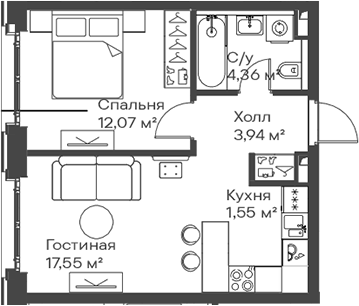 2-комн., 39.47 м², 11/15 этаж, ЖК «Сити Бэй»