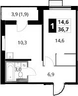 1-комн., 34.8 м², 24/24 этаж, ЖК «1-й Донской»