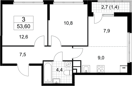 3-комн., 52.2 м², 10/10 этаж, ЖК «Родные кварталы»
