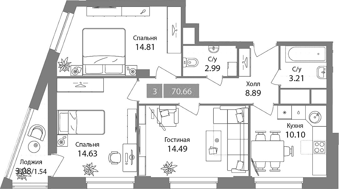 3-комн., 69.12 м², 11/17 этаж, ЖК «Планерный квартал»