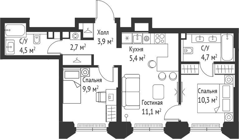 3-комн., 52.6 м², 11/52 этаж, ЖК «СЕТ»
