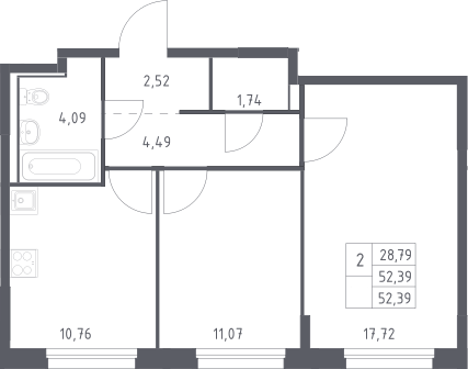 2-комн., 52.39 м², 2/17 этаж, ЖК «Прибрежный Парк»