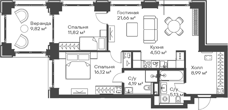 3-комн., 72.41 м², 8/15 этаж, ЖК «Сити Бэй»
