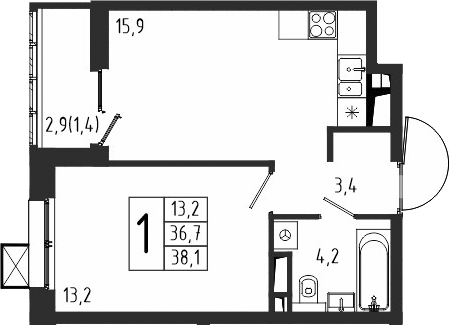 1-комн., 36.7 м², 5/10 этаж, ЖК «Берег»