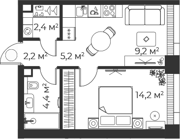 2-комн., 37.6 м², 4/35 этаж, ЖК «Веер»