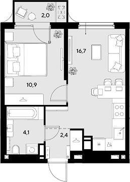 1-комн., 34.1 м², 6/9 этаж, ЖК «Грейд»