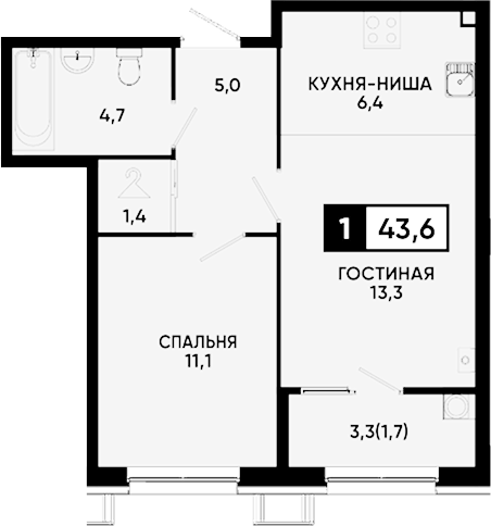 Продается 1-комн. квартира, 41.9 м²