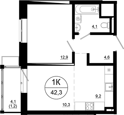 2-комн., 41.1 м², 7/21 этаж, ЖК «Союзный»