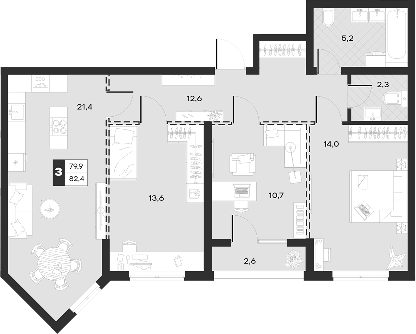 3-комн., 79.82 м², 2/17 этаж, ЖК «Луиджи»