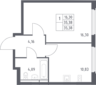 1-комн., 35.38 м², 15/16 этаж, ЖК «Космический Квартал»