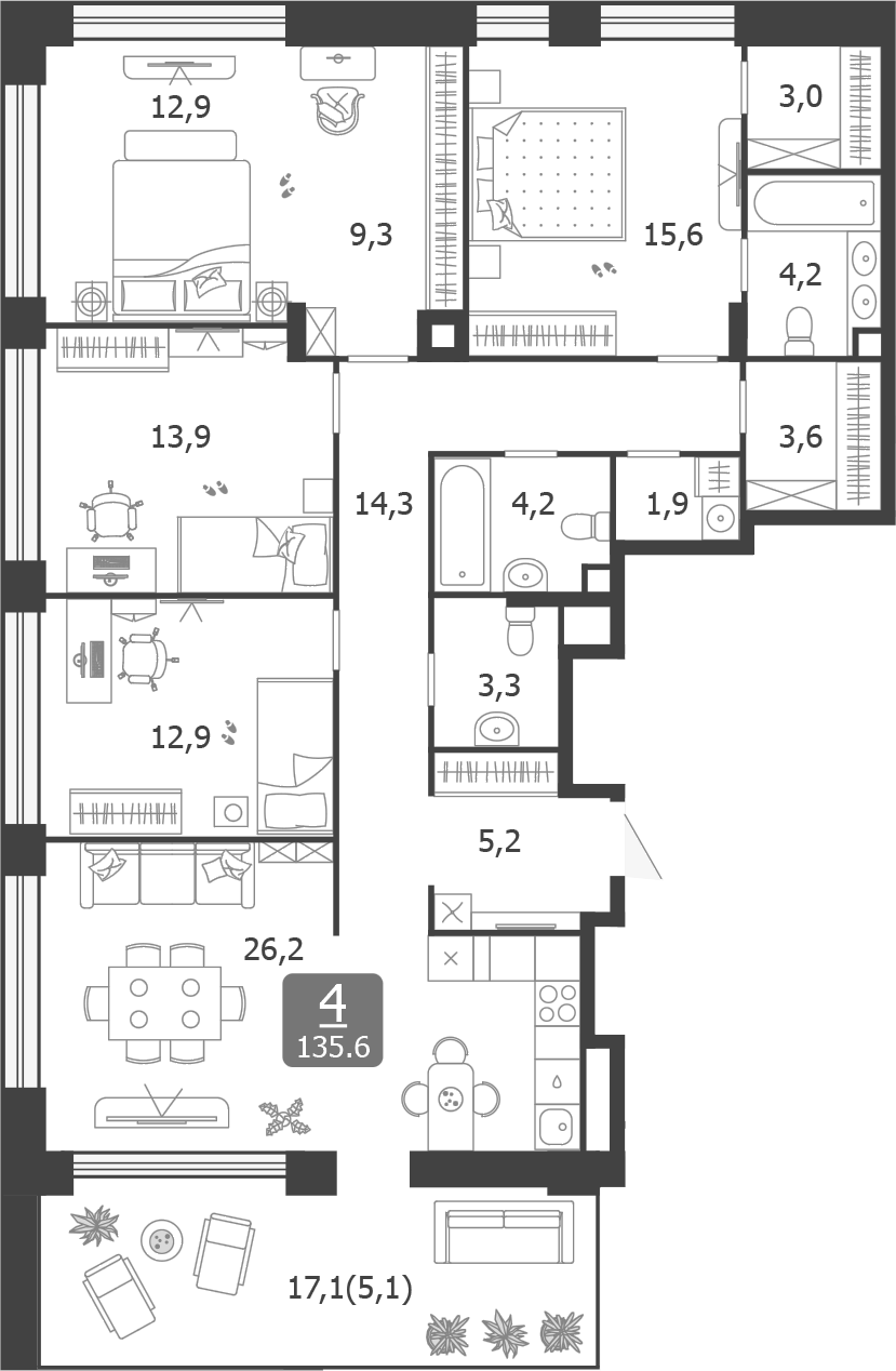 4+ комнаты, 130.5 м², 11/12 этаж, ЖК «Шагал»