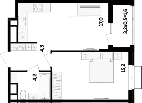 1-комн., 40.7 м², 16/16 этаж, ЖК «МегаСити»