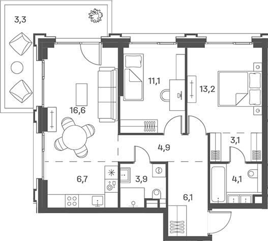 3-комн., 69.7 м², 5/25 этаж, ЖК «Портленд»
