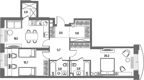 3-комн., 76.9 м², 9/39 этаж, ЖК «КОД Сокольники»