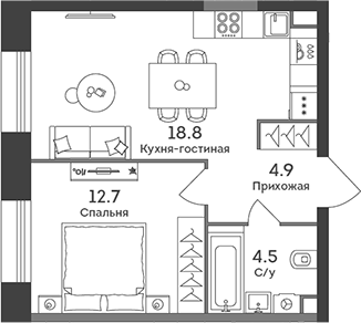 2-комн., 40.9 м², 15/43 этаж, ЖК «ЭРА»