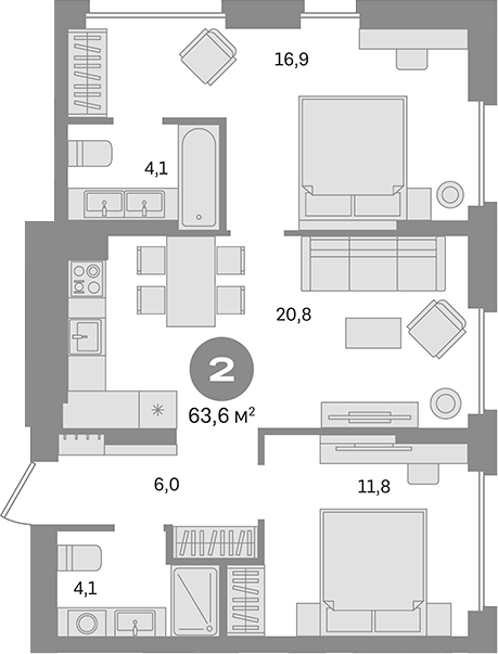 2-комн., 63.6 м², 14/17 этаж, ЖК «Первый квартал. Вторая очередь»