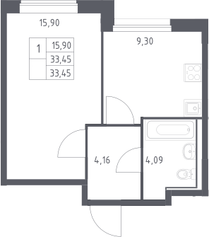 1-комн., 33.45 м², 12/17 этаж, ЖК «Прибрежный Парк»