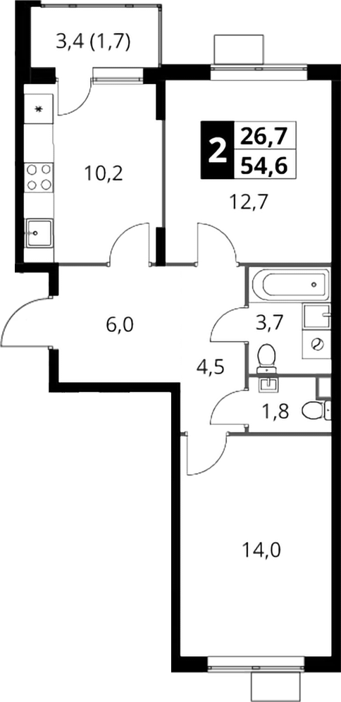 2-комн., 52.9 м², 11/17 этаж, ЖК «1-й Шереметьевский»