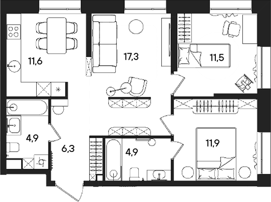 3-комн., 68.4 м², 7/28 этаж, ЖК «СТОУН Райз»