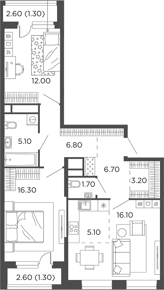 3-комн., 73 м², 12/12 этаж, ЖК «Филатов Луг»