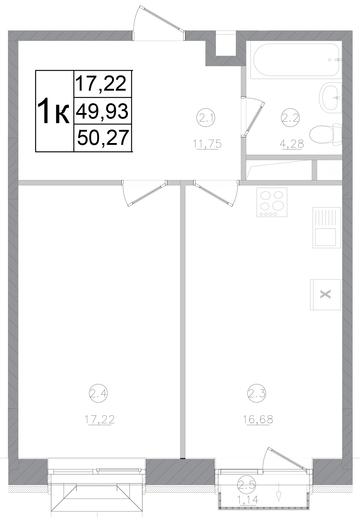 1-комн., 49.93 м², 2/5 этаж, ЖК «Авиатор-2»