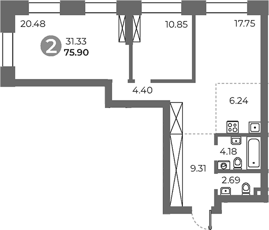 3-комн., 75.9 м², 5/24 этаж, ЖК «Павелецкая от Гранель»