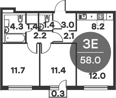 3-комн., 57.7 м², 3/6 этаж, ЖК «Равновесие»