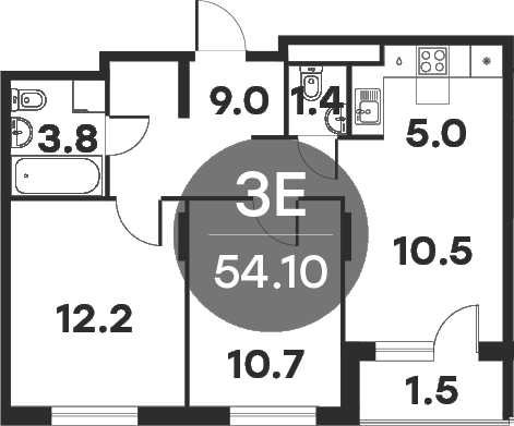 3-комн., 52.6 м², 3/6 этаж, ЖК «Равновесие»
