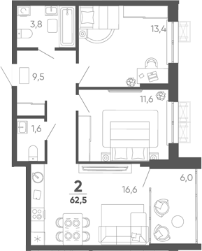2-комн. квартира, 56.5 м² в ЖК Барса — фото 2