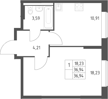 1-комн., 36.94 м², 2/12 этаж, ЖК «Большое Юрлово»
