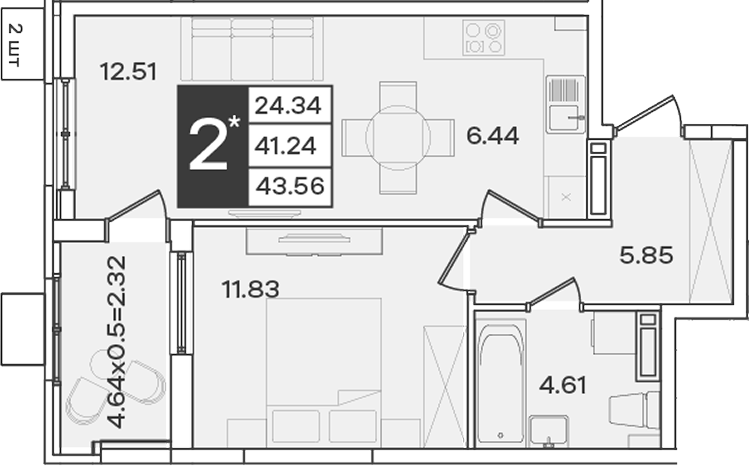 2-комн., 41.24 м², 18/18 этаж, ЖК «Сюжеты»
