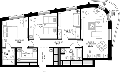 3-комн., 111.91 м², 2/11 этаж, ЖК «СберСити»