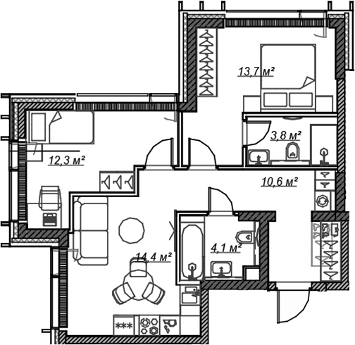 3-комн., 58.9 м², 51/59 этаж, ЖК «Веер»