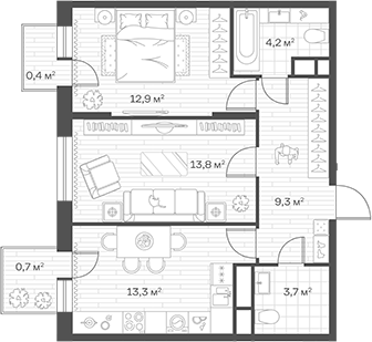2-комн., 57.2 м², 12/12 этаж, ЖК «Аристов Берег»