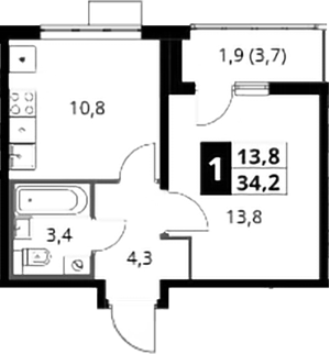 1-комн., 32.3 м², 12/22 этаж, ЖК «Южная Битца»