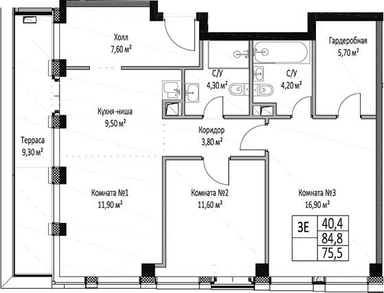 3-комн., 75.5 м², 12/26 этаж, ЖК «ЭМОУШН»