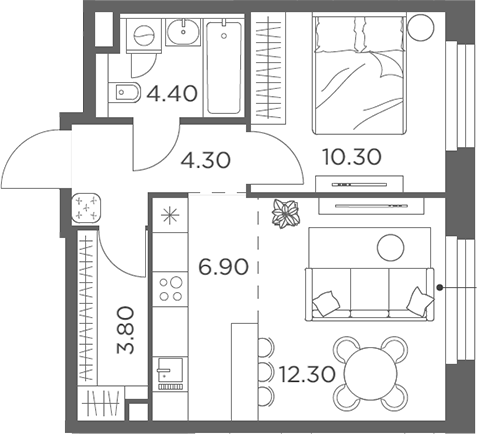 2-комн., 42 м², 22/23 этаж, ЖК «Белый Град»