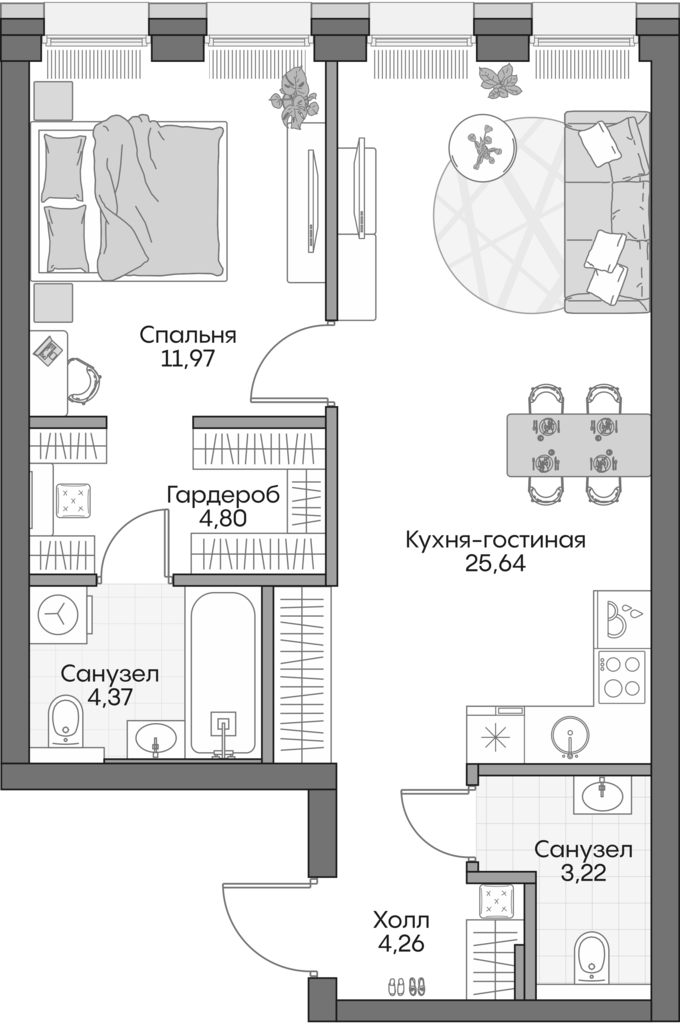 2-комн., 53.8 м², 5/16 этаж, ЖК «Инсайдер»