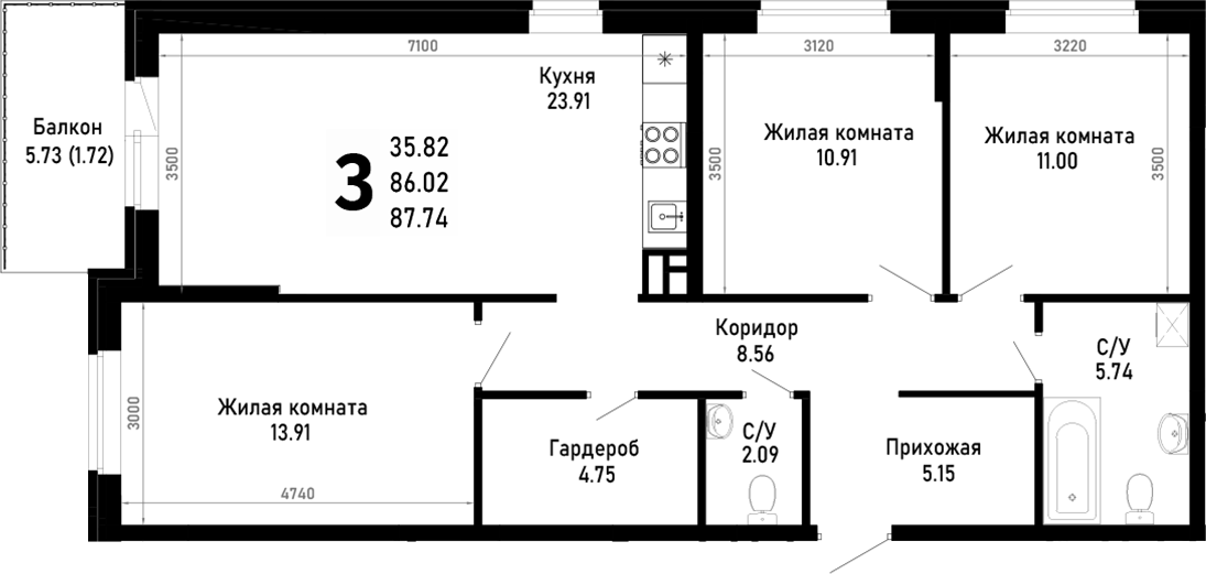 3-комн. квартира, 86.02 м² в ЖК Усадьба Гостагаевская — фото 2