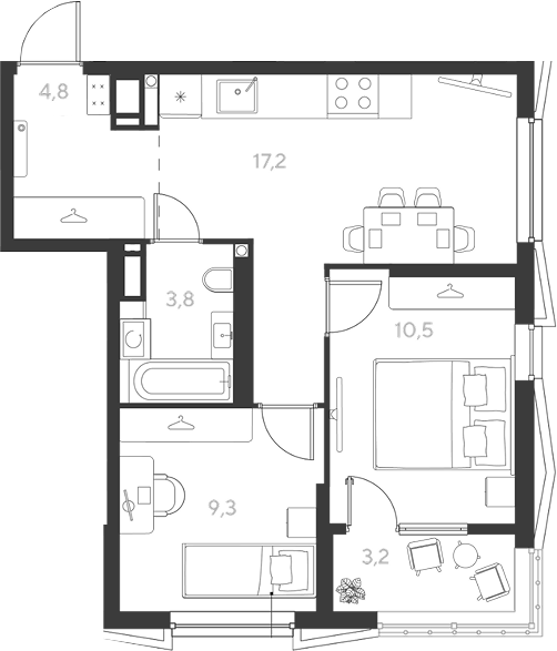 2-комн., 45.6 м², 9/18 этаж, ЖК «Ридз»