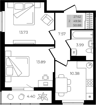 2-комн. квартира, 49.56 м² в ЖК Курортный регион — фото 2