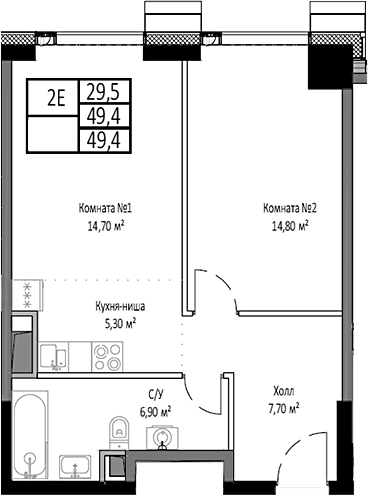 2-комн., 49.4 м², 21/35 этаж, ЖК «Мираполис»