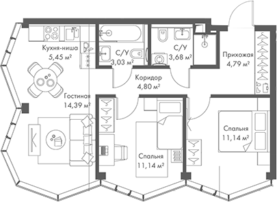 3-комн., 58.42 м², 24/24 этаж, ЖК «МИРА»