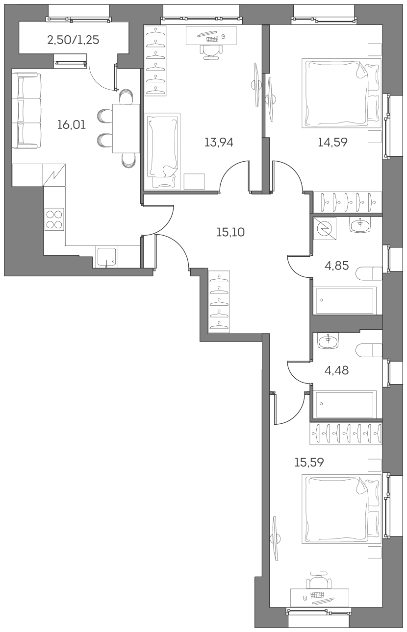 4+ комнаты, 84.56 м², 8/14 этаж, ЖК «Аквилон БИСАЙД 2.0»