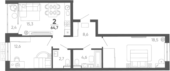2-комн. квартира, 62.3 м² в ЖК Барса — фото 2