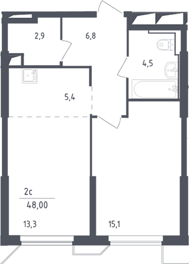 2-комн., 48 м², 17/30 этаж, ЖК «Скай Спутник»