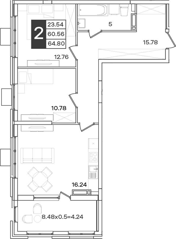 2-комн., 60.56 м², 11/18 этаж, ЖК «Сюжеты»